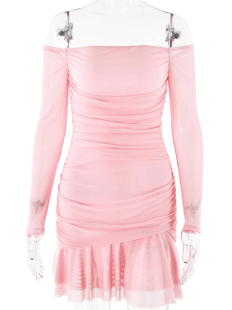 Elegant One Shoulder Double Layer High Elasticity Tight Dress For Women Bodycon Fall Female Party Evening Dress
