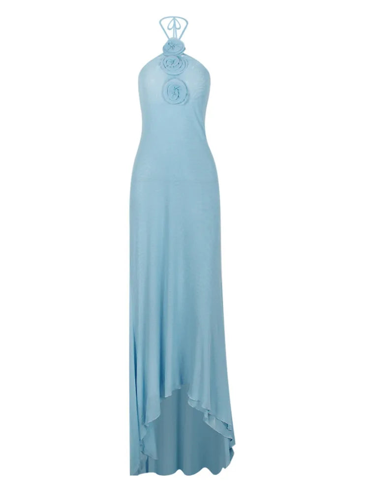 Elegant Sleeveless Bodycon Women Mesh Hanging Neck Dress 3D Flower Long Dress Evening Dress Slimming Party Club Vestido