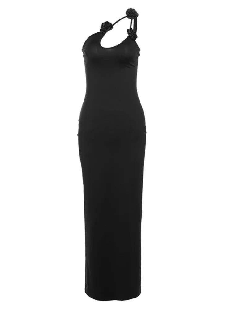 Elegant Sleeveless Irregular Bodycon Women Evening Dress Fall New Flower Ornament Shoulder Vestido Sexy Long Dress