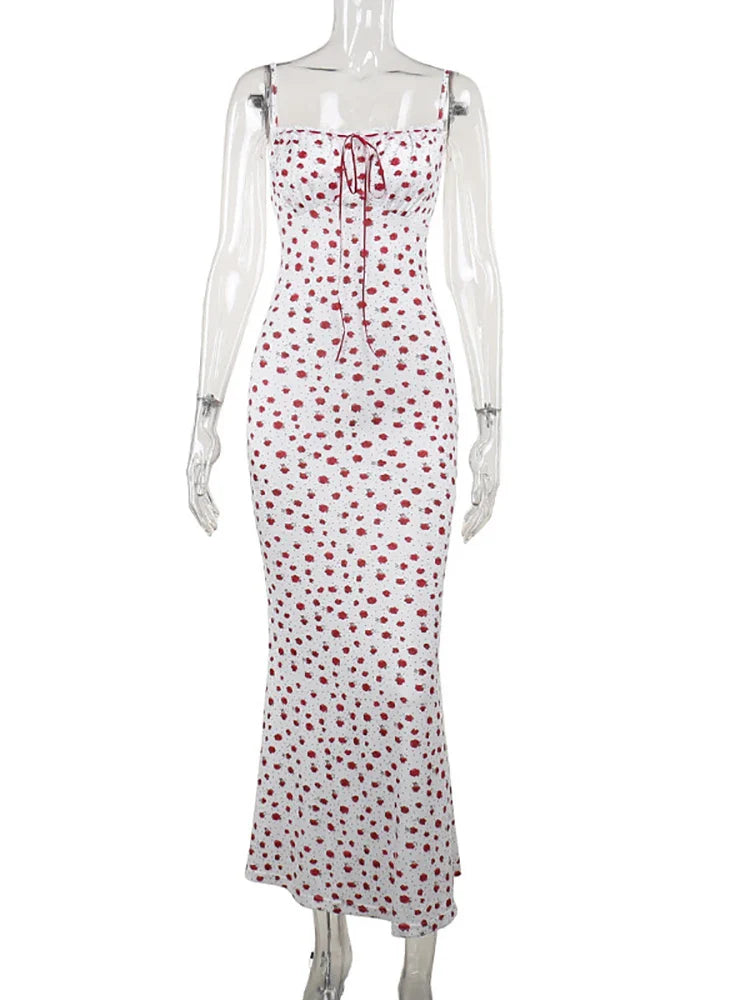 Fantoye Sexy Backless Print Floral Women Dress White Spaghetti Strap Evening Dress Female Summer Elegant Party Clubwear Vestidos