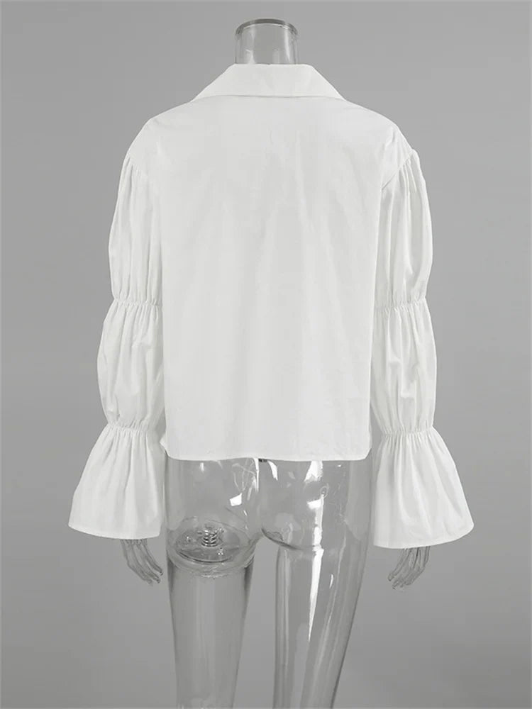 Chiffon Lace-Up Hollow Out Shirts Women’s Lapel Patchwork Bandage Long Sleeve Fashion Blouse Top Female White Outwear