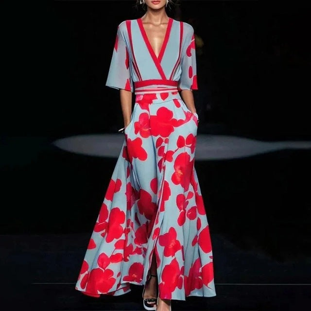 Fashion Print Party Long Dresses Women V-neck Half Sleeves Temperament Elegant A-line Evening Dress Female New Commuting Vestido