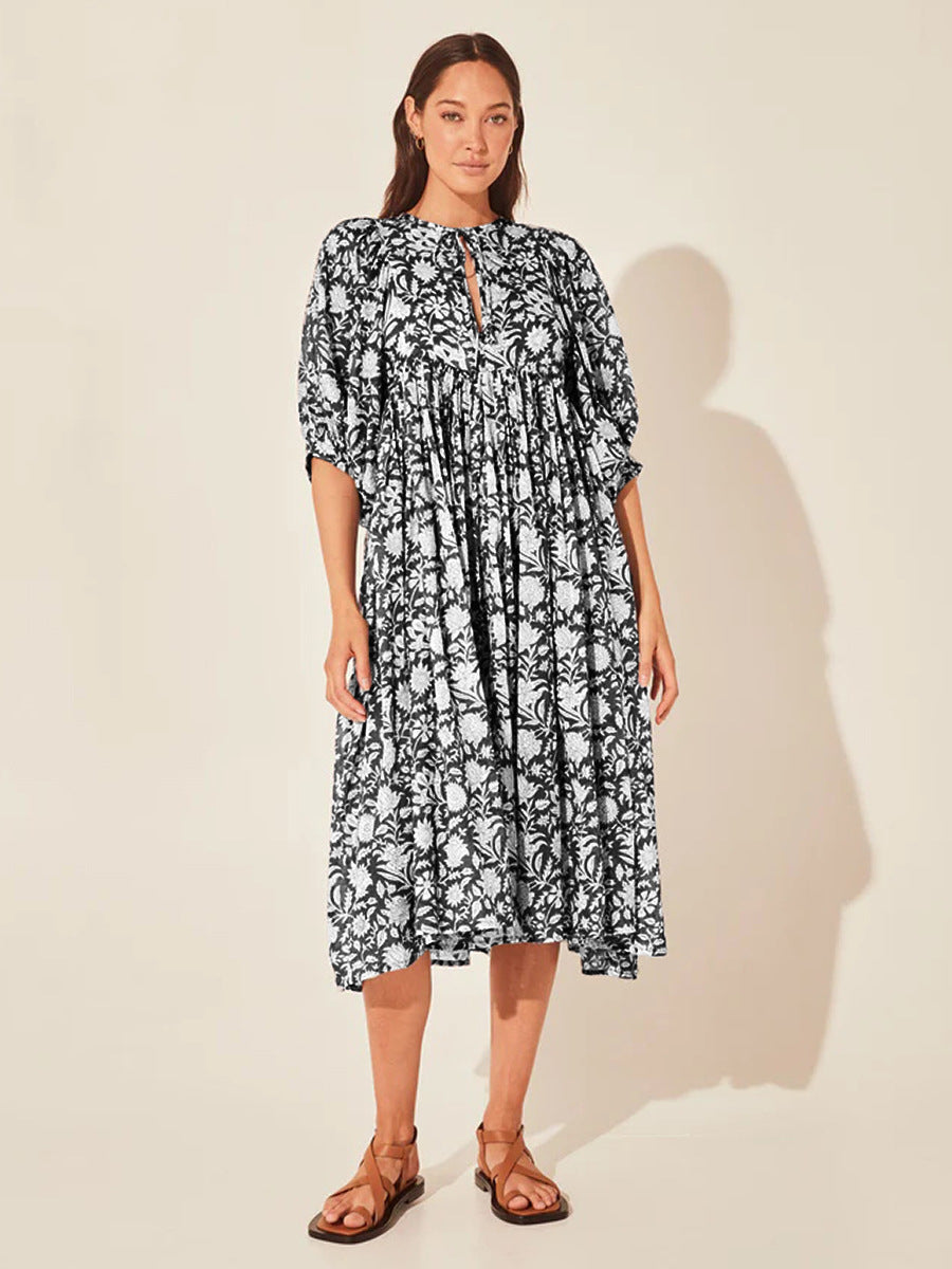Summer Floral Print Women Loose Casual Mid-Sleeve Half Open Collar Loose Boho Dress