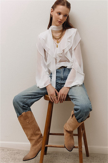 Elegant Solid Chiffon Ruffled Tie Blouse