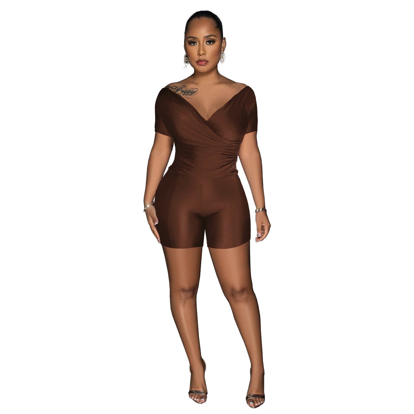 Women Clothing Supply Solid Color Reflective Pleated V neck Blouse Pants Two Piece Sets