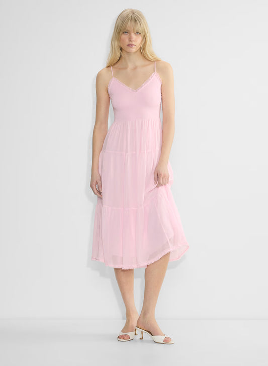 Chiffon tiered V-neck midi dress— villa pink