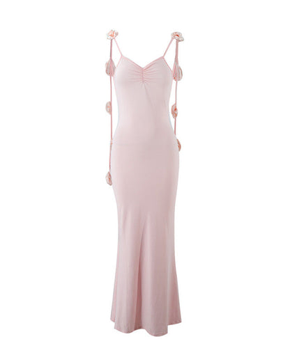 Backless Strap 3D Flower Decorated Suspender Evening Dress