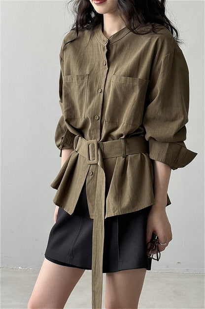 Vintage Waist Cinched Belted Long Sleeve Blouse