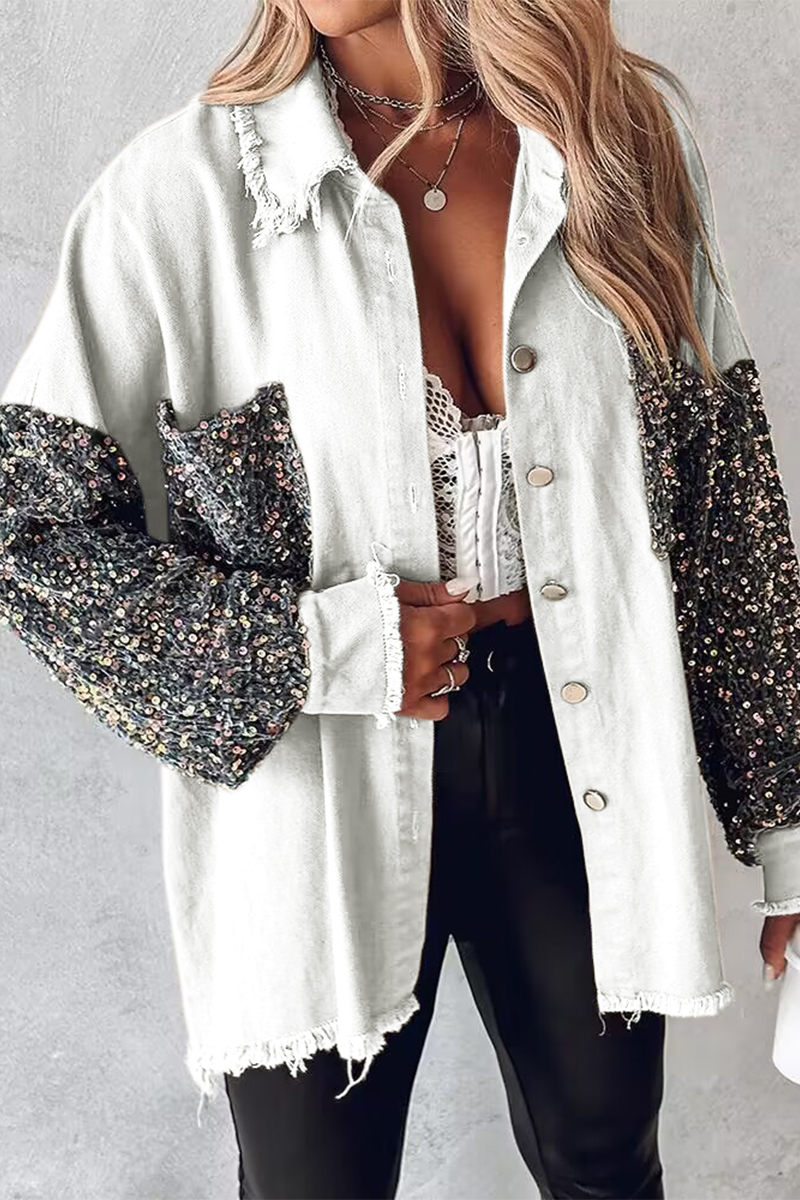 Casual Solid Sequins Pocket Turndown Collar Blouses(4 Colors)