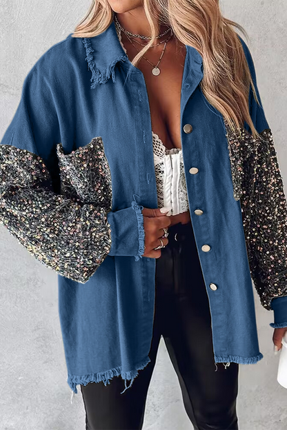 Casual Solid Sequins Pocket Turndown Collar Blouses(4 Colors)