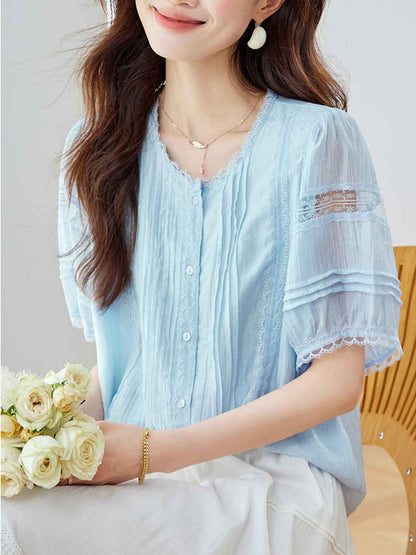 Paige Loose Crew Neck Lace Hollowed Blouse