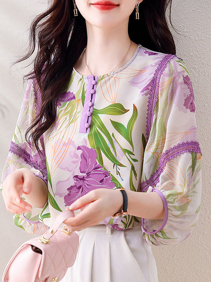 Grace Loose Crew Neck Buttoned Printed Chiffon Blouse
