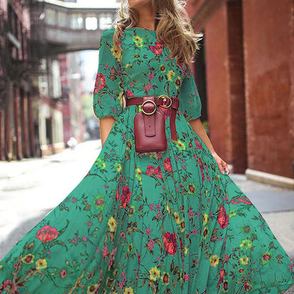 S-XXL Round Neckline Floral Printed Casual Maxi Boho Dress