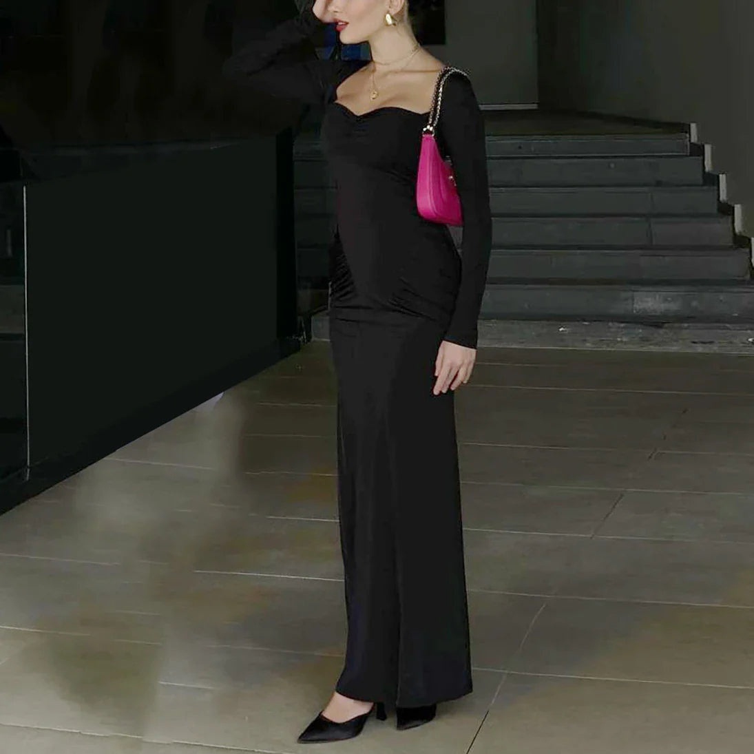 2025 Elegant Long Sleeve Party Dresses Sexy High Waist Slim Fit Women’s Evening Dress Fashion Solid Color Pleated Long Dresses