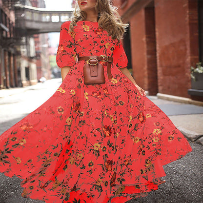 S-XXL Round Neckline Floral Printed Casual Maxi Boho Dress