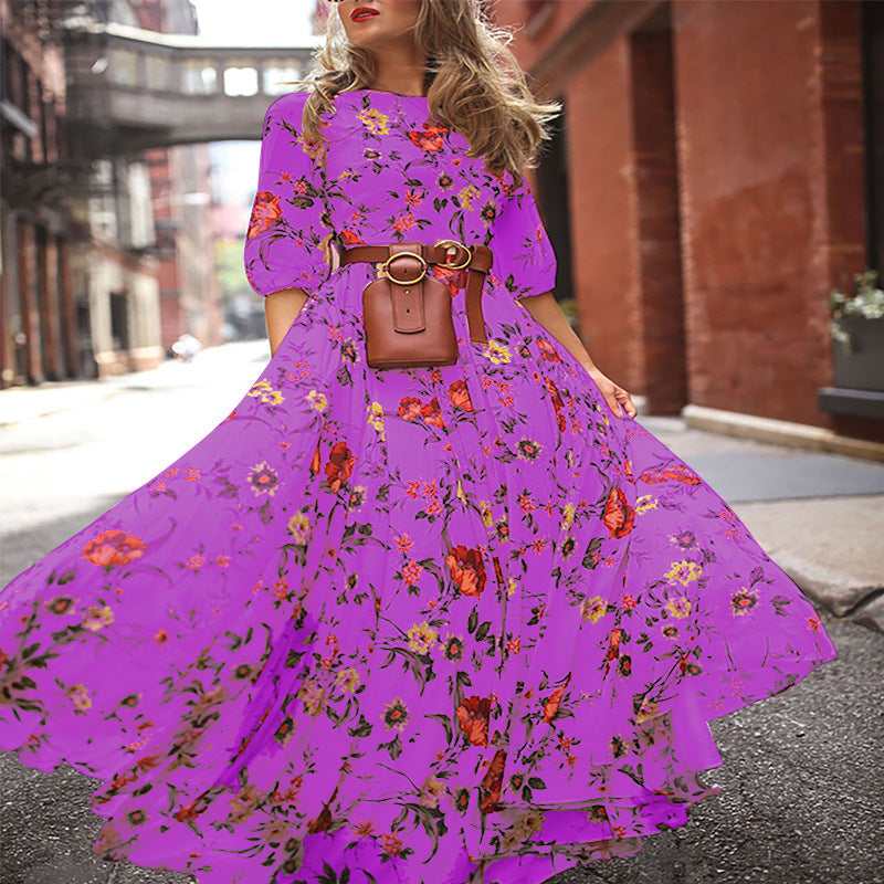 S-XXL Round Neckline Floral Printed Casual Maxi Boho Dress