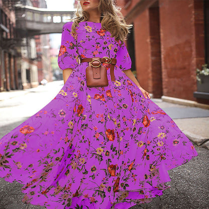 S-XXL Round Neckline Floral Printed Casual Maxi Boho Dress