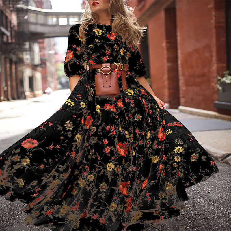 S-XXL Round Neckline Floral Printed Casual Maxi Boho Dress