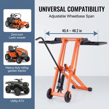 Hydraulic Lawn Mower Lift, 500 LBS Load Capacity, Solid Carbon Steel Construction, Adjustable Universal Lawn Lifter, Compatible with Riding Tractors, Zero-Turn Mowers & Utility ATVs, Orange