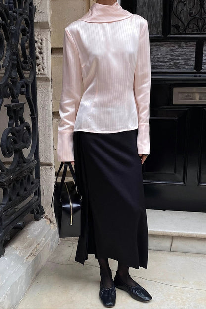 Striped Satin Turtleneck Tie Waist Slim Blouse