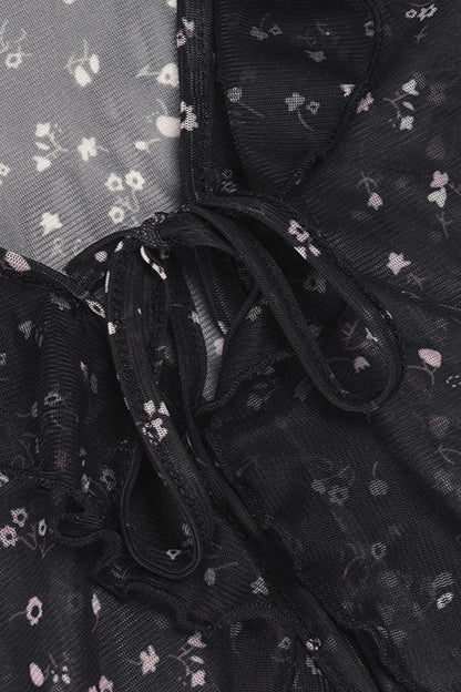 French Vintage Floral Bow Tie Tulle Cardigan Blouse