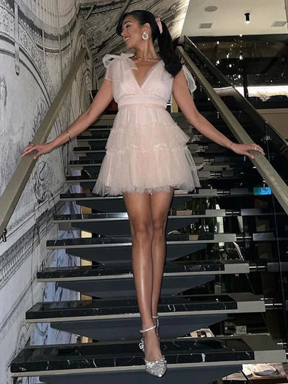 TARUXY Solid Mesh Splice Bow Mini Dress For Women Pearl Sleeveless Sexy Plunge V Neck Solid Elegant Party Evening Dress Female
