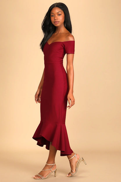 How Much I Care Black Off-the-Shoulder Midi Dress
