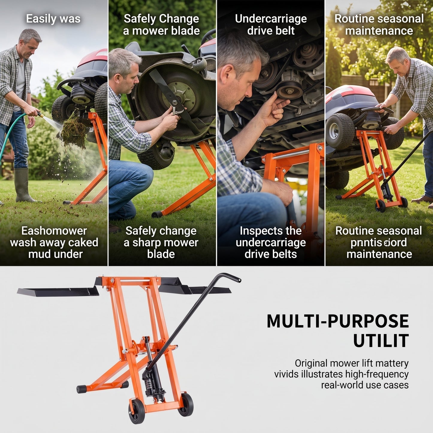Hydraulic Lawn Mower Lift, 500 LBS Load Capacity, Solid Carbon Steel Construction, Adjustable Universal Lawn Lifter, Compatible with Riding Tractors, Zero-Turn Mowers & Utility ATVs, Orange