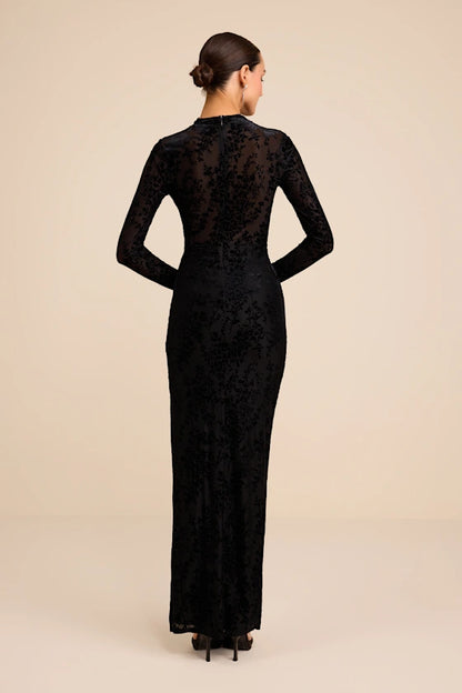 Neilina Black Velvet Jacquard Mock Neck Maxi Dress