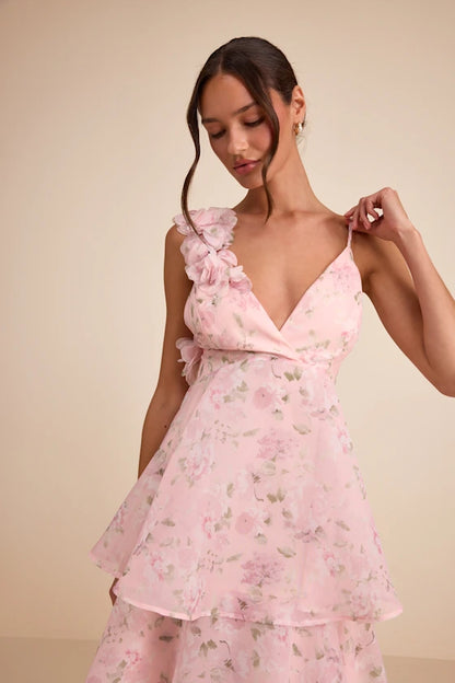 Daleyza Light Pink Floral Organza Tiered Midi Dress