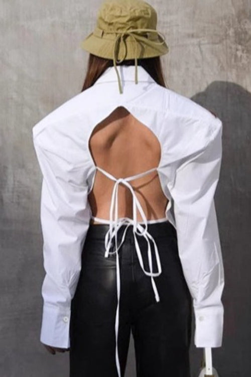 Vintage Tie Waist Cutout Open Back Elegant Blouse