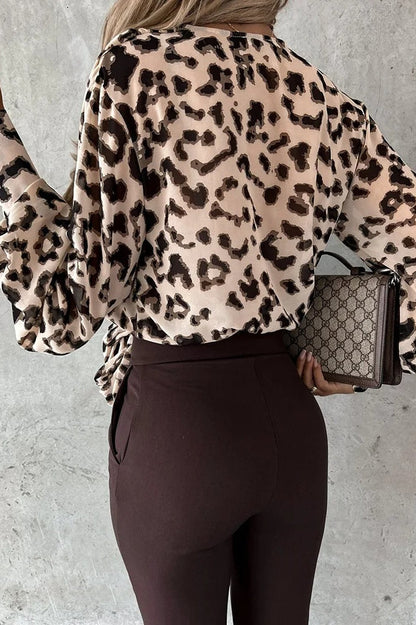 V-Neck Leopard Print Patchwork Blouse