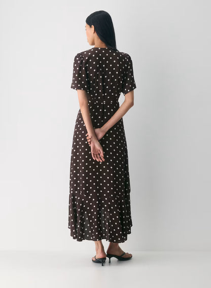 Crepe midi wrap dress with polka-dot pattern