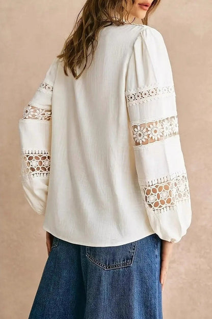Lace Trim Hollow Out Ruffled Collared Workwear Blouse