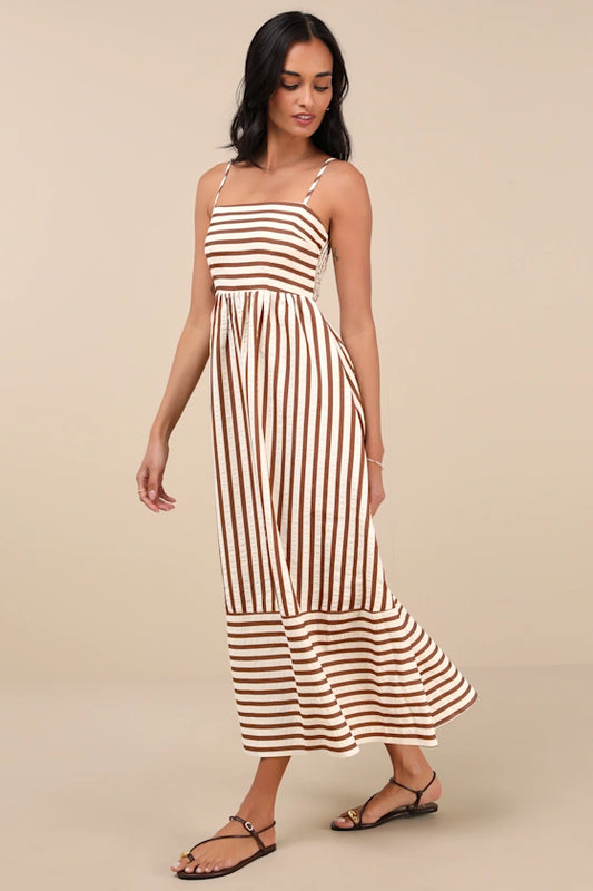 Exceptionally Pristine Brown and Cream Striped Cutout Midi Dress