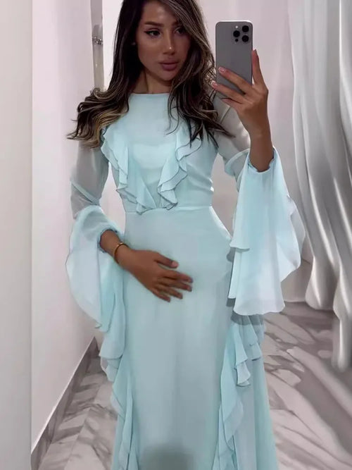 Artcat Elegant Long Sleeved Ruffled Bodycon Women Dress Fall 2025 New Mesh Hollow Out Evening Dress Slim Fit Party Club Vestidos