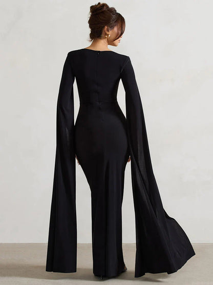 Elegant Bodycon High Slit Long Sleeved Shawl Women Dress Elasticity Tight Sexy Party Club Evening Dress Female Vestido
