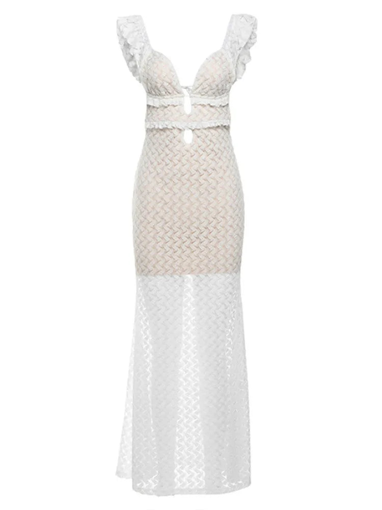 Elegant Sleeveless Lace Up Hollow Out Bodycon Women Dress  Fall New V-neck Backless Party Evening Dress Slim Vestido