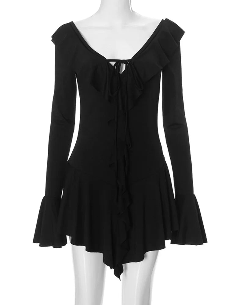 Sexy Deep V Ruffled Bodycon Short Skirt For Women  Fall Ruffled Flared Sleeves Party Evening Dress Street Clothing