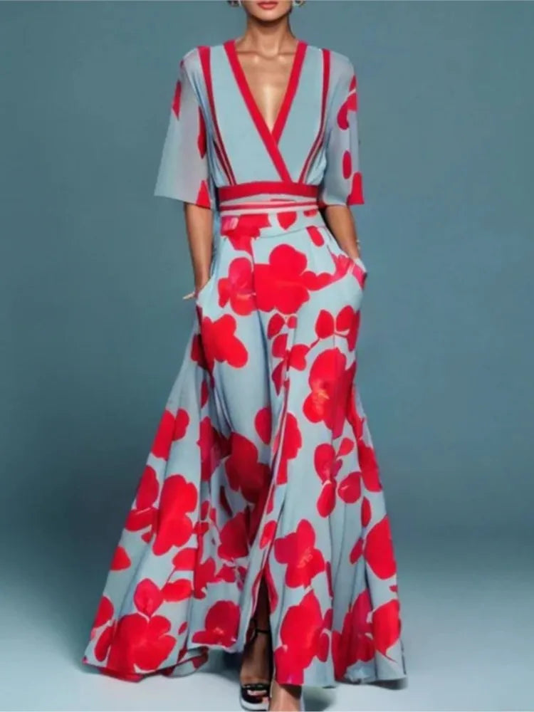 Fashion Print Party Long Dresses Women V-neck Half Sleeves Temperament Elegant A-line Evening Dress Female New Commuting Vestido