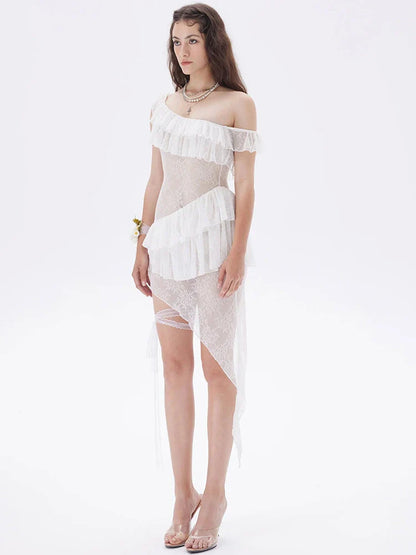 JULISSA MO Sexy See Through Lace Ruffle Women Dress White Off Shoulder Evening Dress Female Summer Skinny Elegant Beachwear 2025