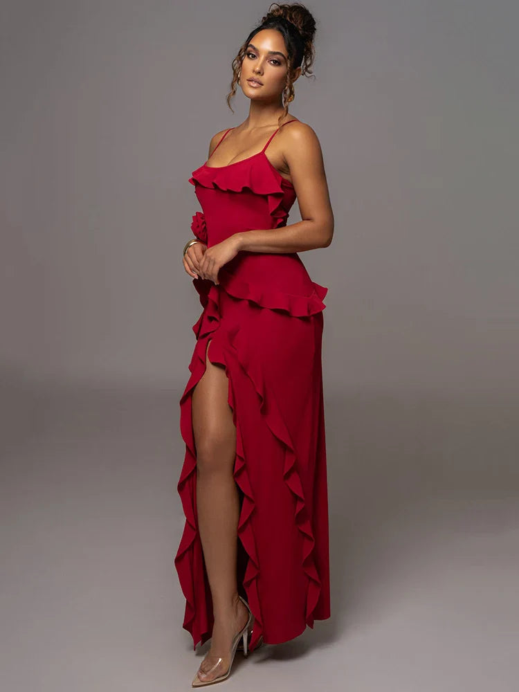 Elegant Ruffle Sexy Maxi Dress Women Spaghetti Strap Flower Sleeveless Backless High Split Club Party Evening Dress