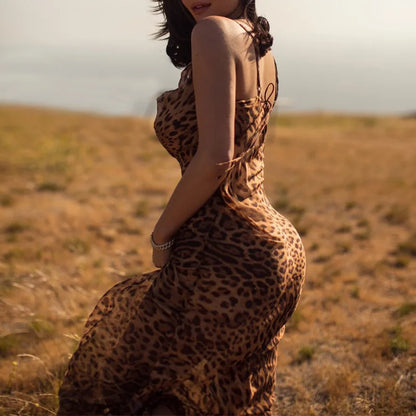 New Leopard Print Sexy See-Through Suspender Dress Fashion Backless Sleeveless Long Dresses High Waist Lace-Up Evening Dress