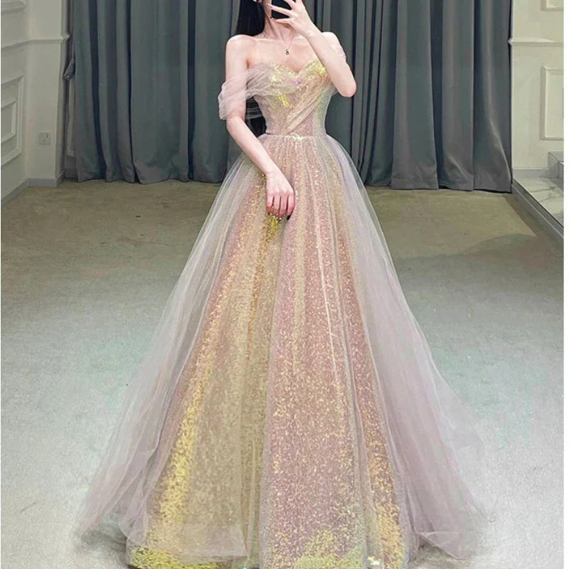 New Mesh High-waisted Slim-fitting Mermaid Toasting Evening Dress Fashionable Temperament One-shoulder Long Party Dresses Women