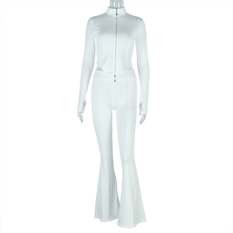 Women Slim Fit Pleated Zipper Solid Color Cropped Blouse Pants Long Sleeve Stand Collar Loose Trousers Two Piece Set