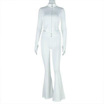 Women Slim Fit Pleated Zipper Solid Color Cropped Blouse Pants Long Sleeve Stand Collar Loose Trousers Two Piece Set