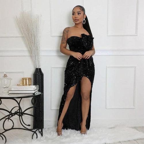 Sequined Evening Dress Sexy Tube Top Irregular Asymmetric Dress Trailing Dress Women