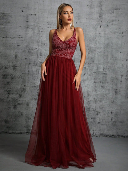 Women Elegant Suspender Evening Dress V neck A line Long Party Evening Dress Annual Meeting Catwalk Dress