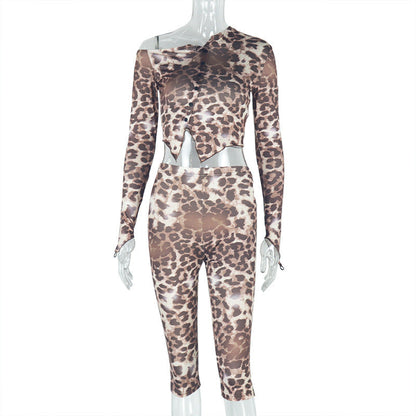 Women’s Wear Leopard Print Micro Transparent Blouse Pants Asymmetric off Shoulder Long Sleeve Top Short Pants Two Pieces