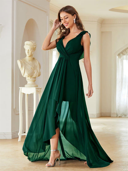 V neck Chiffon Evening Dress Chest Pleated Backless Front Short Back Long Dance Dress Party Dress Bridesmaid Dress